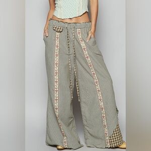 3-0121 *Boutique* POL Wideleg Boho Ribbon Patchwork Soft Cotton Pants